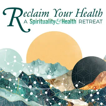 Reclaim Your Health – A Spirituality & Health Retreat - Serene promotional artwork with stylized mountains, a golden sun, and sacred geometry designs